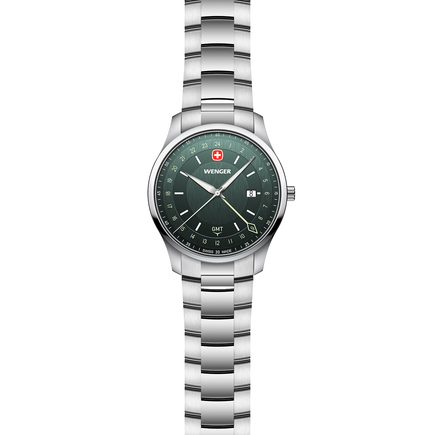 Wenger GMT-Herrenuhr mit silbernem Armband und grünem Zifferblatt