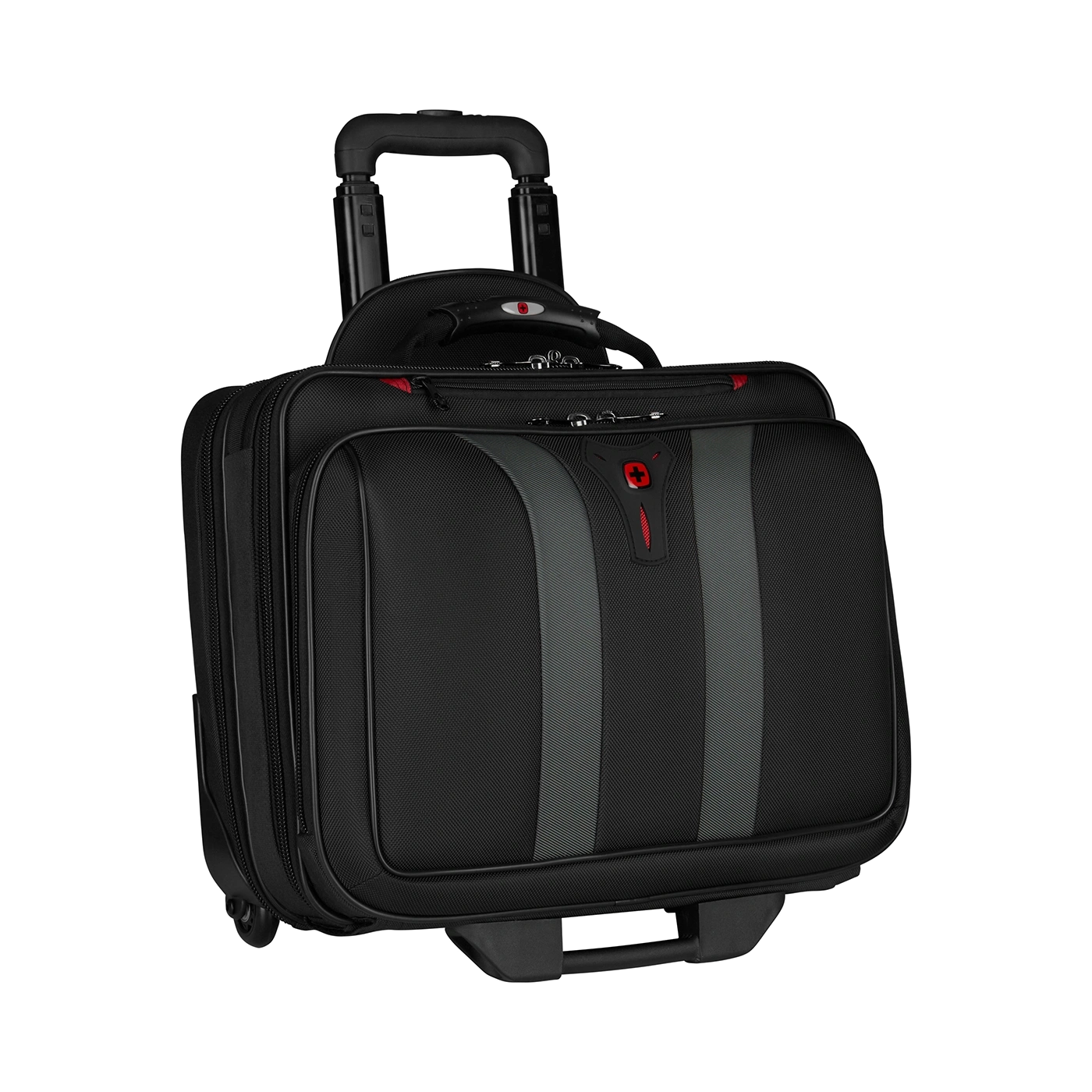 Schwarzer Rollkoffer mit rotem Akzent, Trolley-Design, für Geschäftsreisen geeignet.