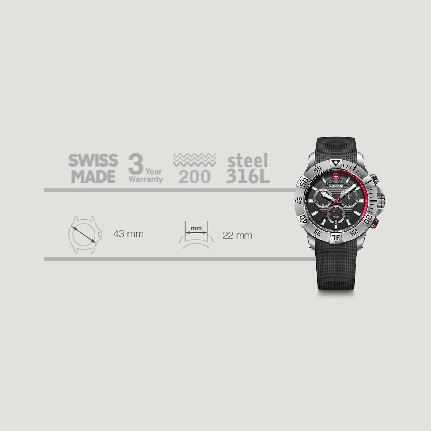 Wenger Uhr, Swiss Made, 43mm Gehäuse, 22mm Bandbreite, 200m wasserdicht, Stahl 316L.