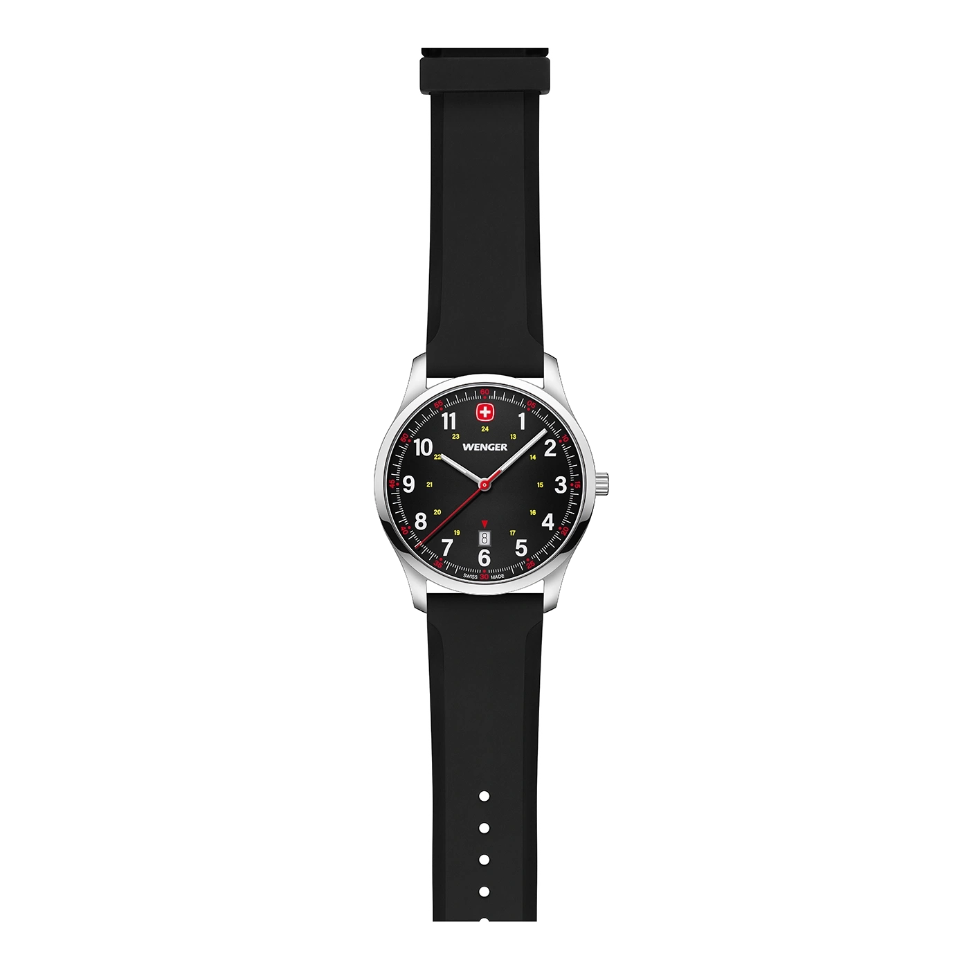 Wenger watch with black face and strap, silver case, red accents, Swiss made
