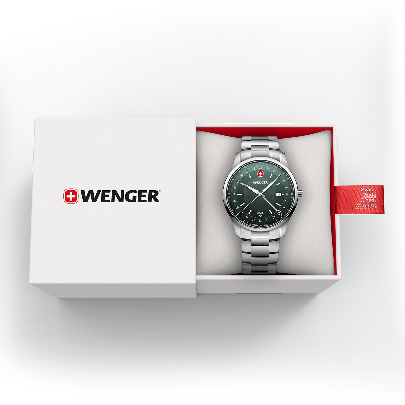Wenger Uhr in geöffneter Schachtel mit Garantieband