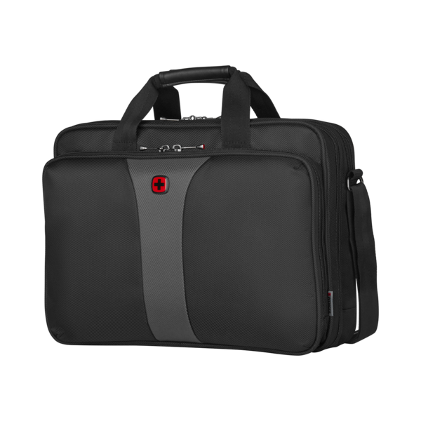 Schwarze Aktentasche mit rotem Kreuz, Griff und Schulterriemen, elegant