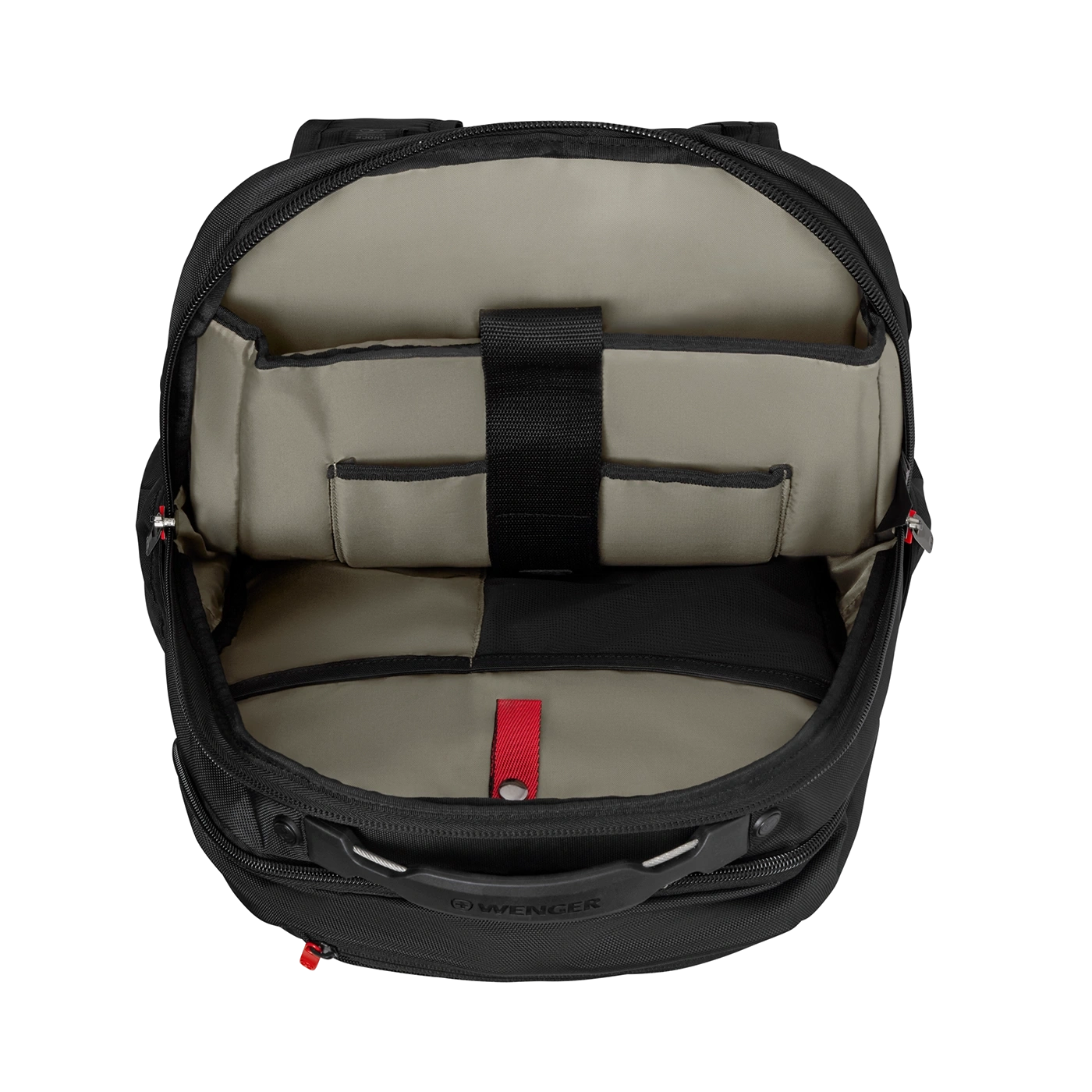 Black backpack, open, with many compartments and red accent details