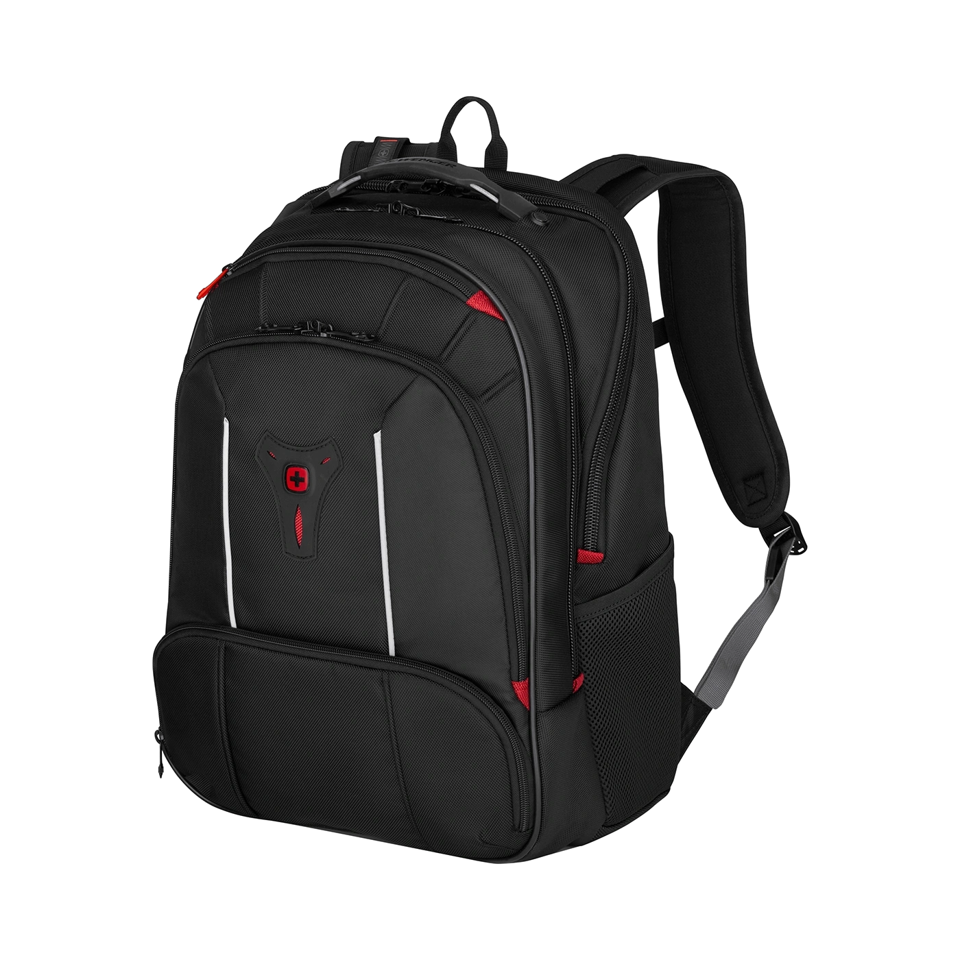 Schwarzer Rucksack mit roten Akzenten und weißem Streifen auf schwarzem Hintergrund.