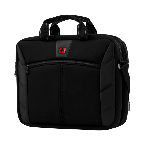 Schwarze Laptoptasche mit rotem Logo und Tragegriff