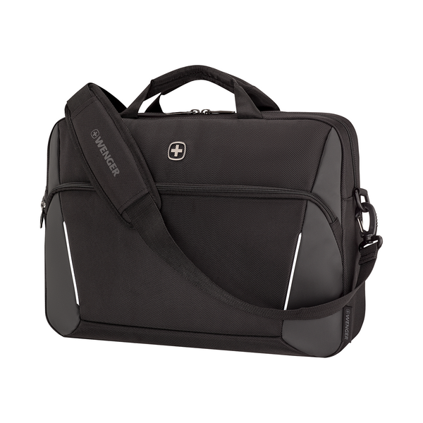 Schwarze Laptoptasche von Wenger mit Schultergurt und Logo, isoliert