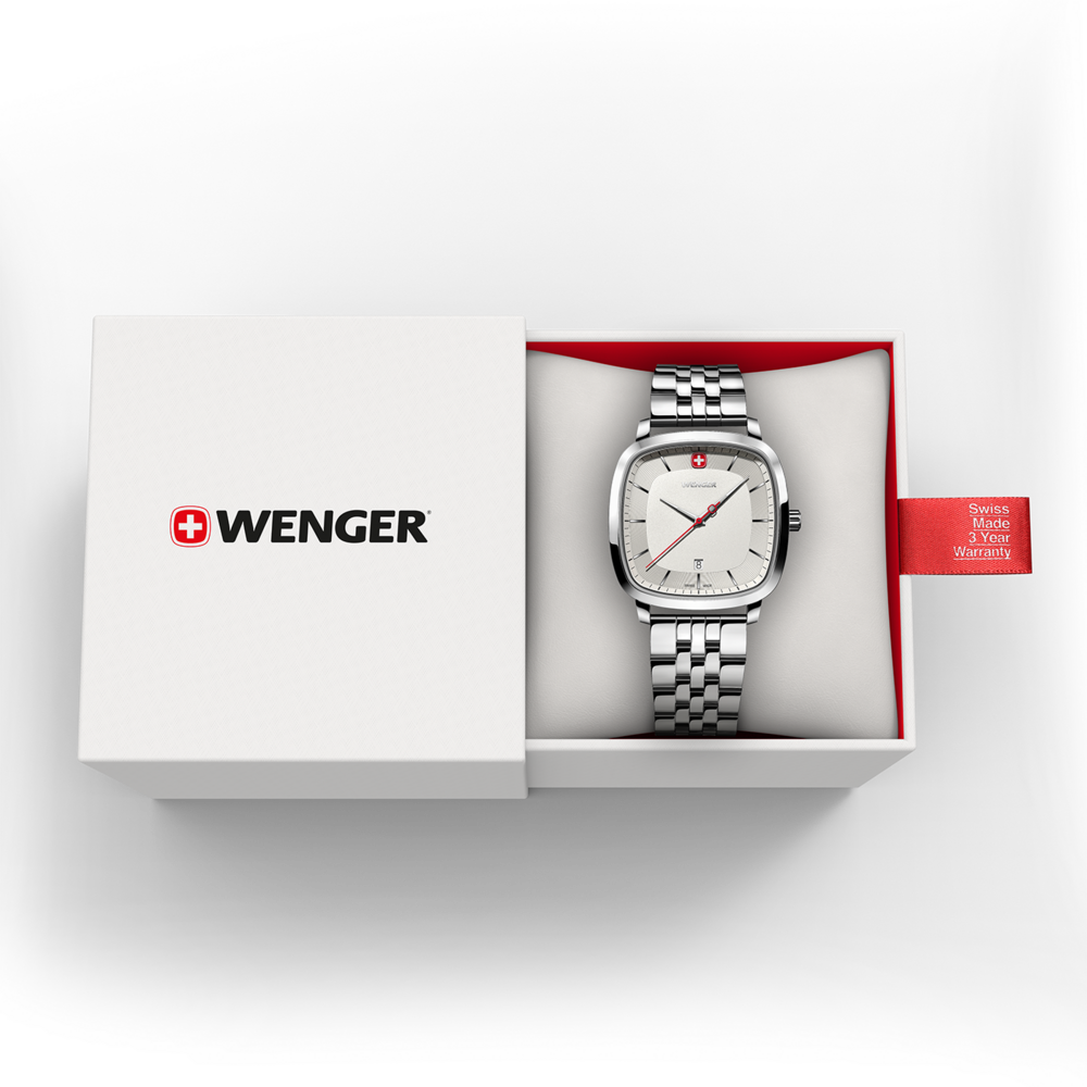 Wenger Uhr in einer Box mit rotem Akzent und Garantie