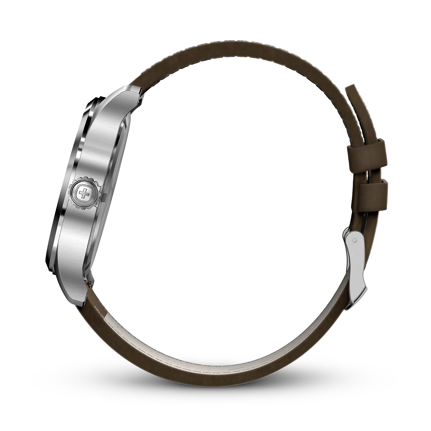 Watch with brown leather strap, side view, silver case, black background
