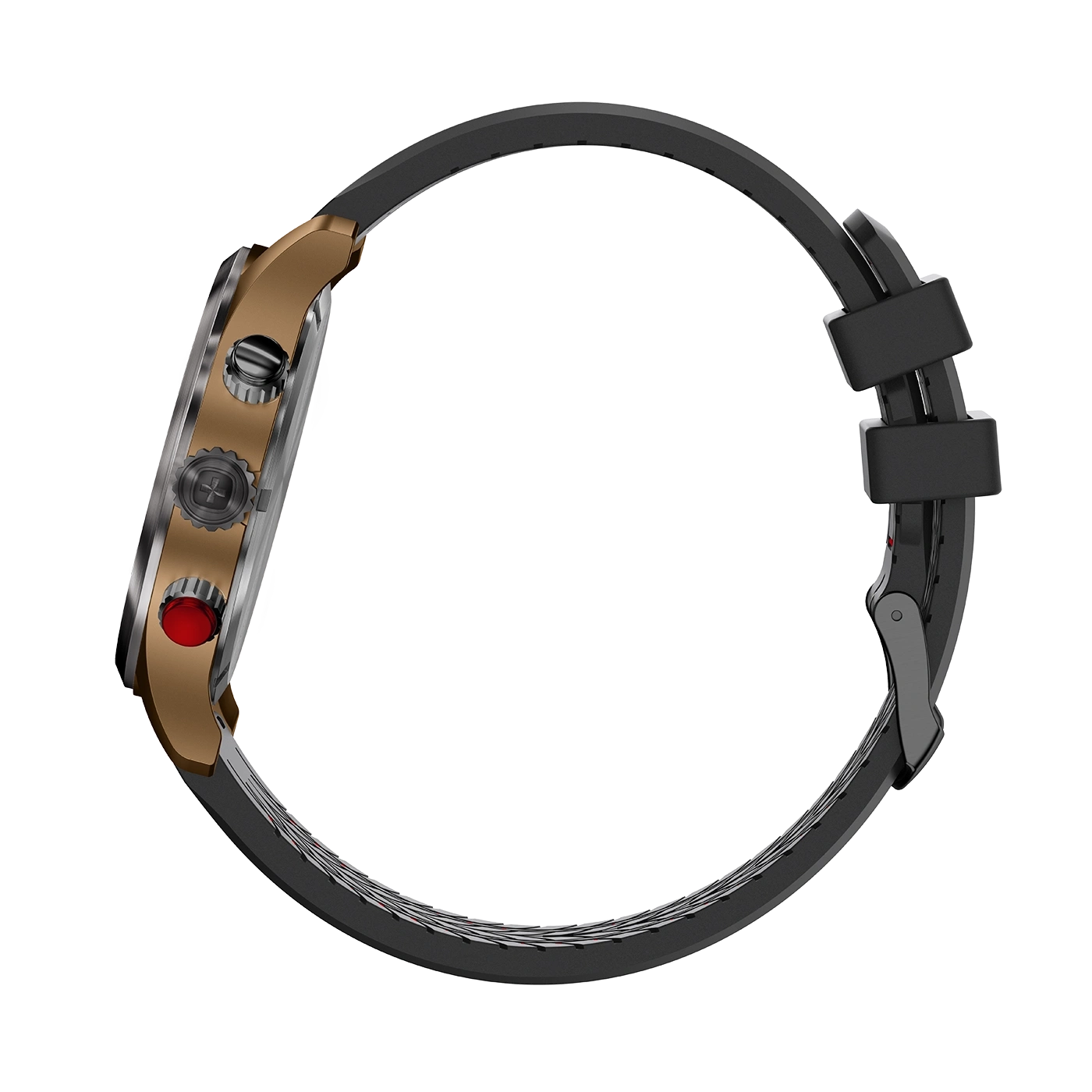 Side view of a watch with a black strap and gold case, detailed shot