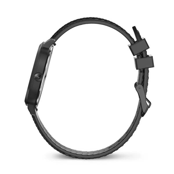 Schwarze Uhr mit schwarzem Armband, Seitenansicht, Detailaufnahme, modernes Design