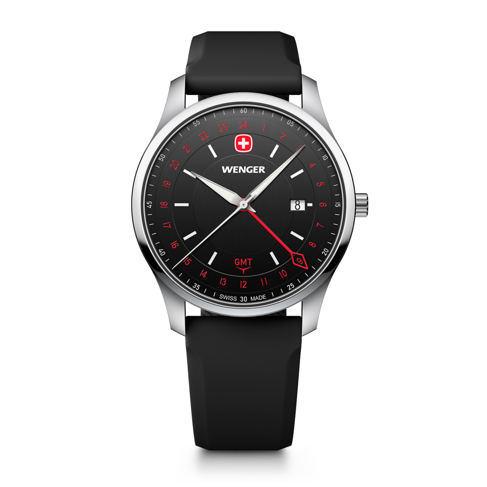 Schwarze Wenger Herrenuhr mit GMT-Funktion und rotem Akzent auf schwarzem Zifferblatt