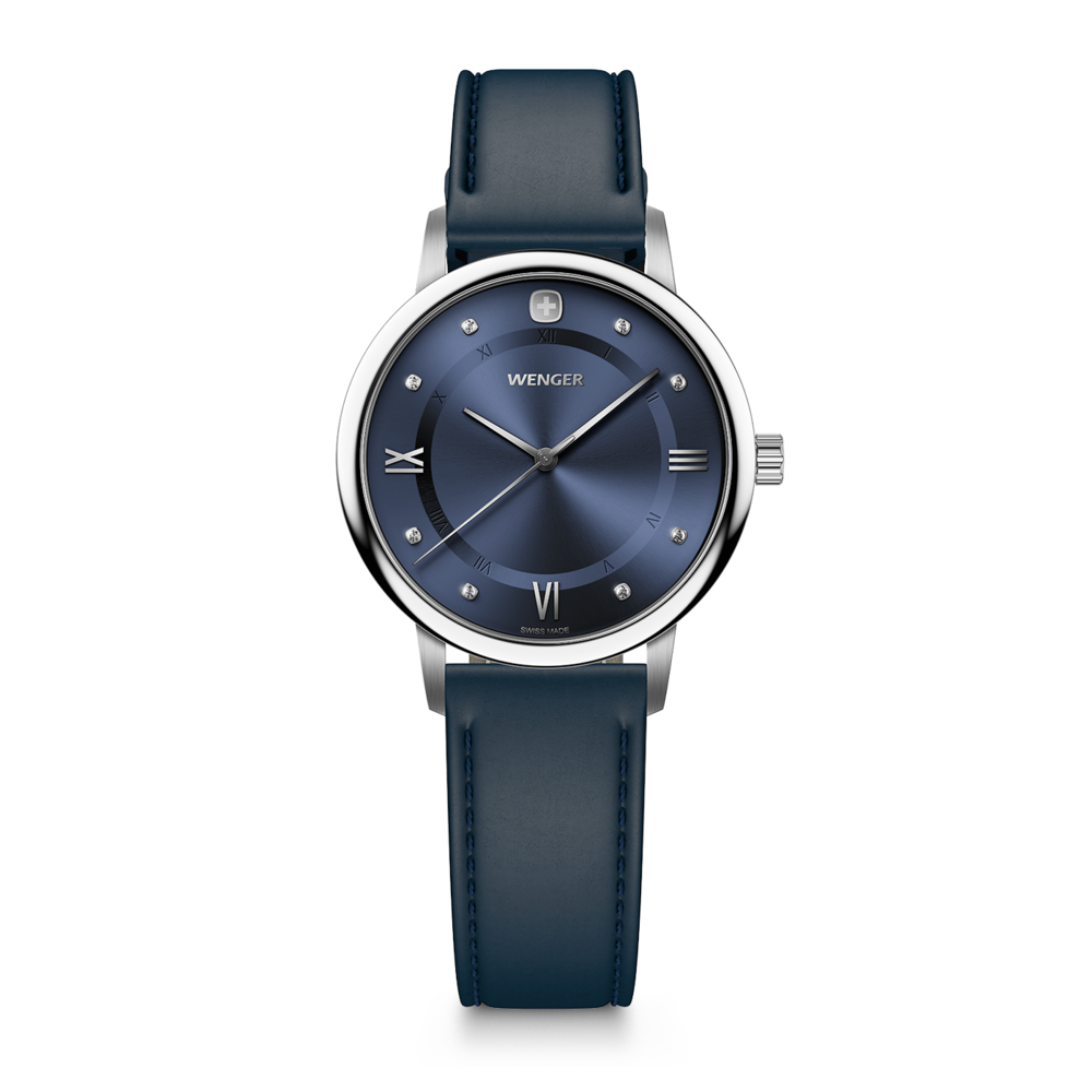 A blue Wenger wristwatch with a silver case and silver hands.