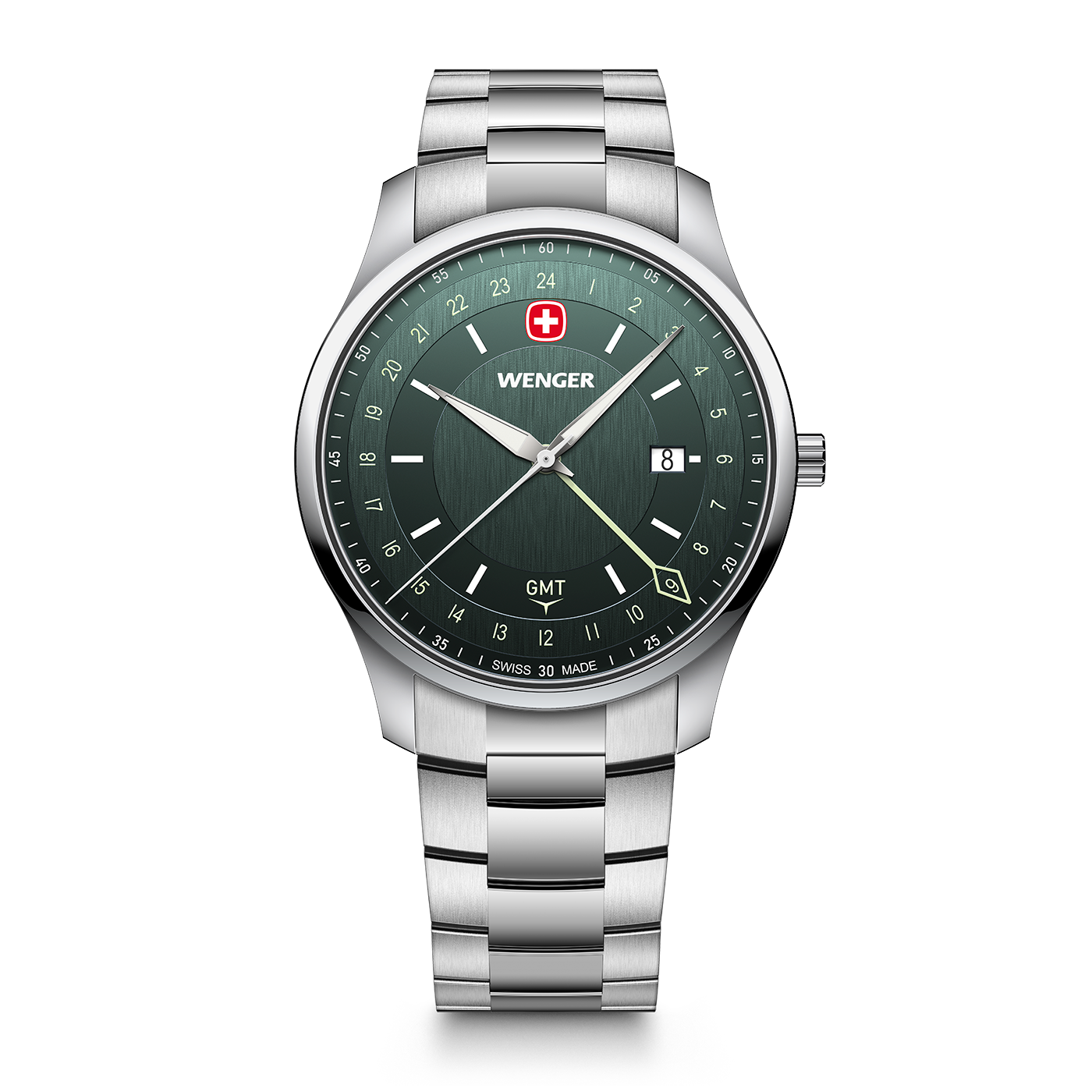 Ein silberfarbenes Wenger-Armbanduhr mit grünem Zifferblatt und Datumsanzeige.