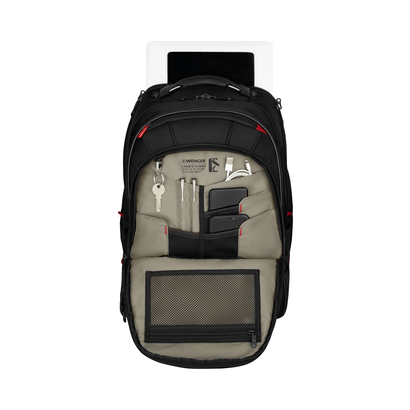 Schwarzer Rucksack mit vielen Fächern, offen, mit Inhalt und Laptop.