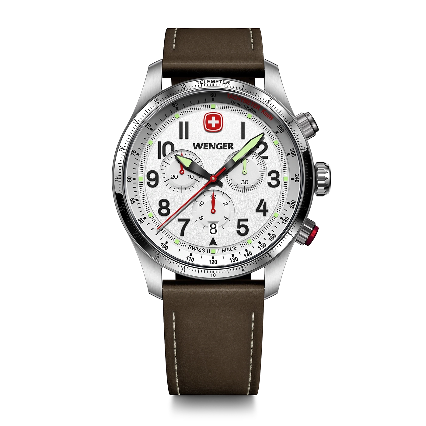 Wenger watch with brown leather strap and white dial, Swiss design, chronograph.