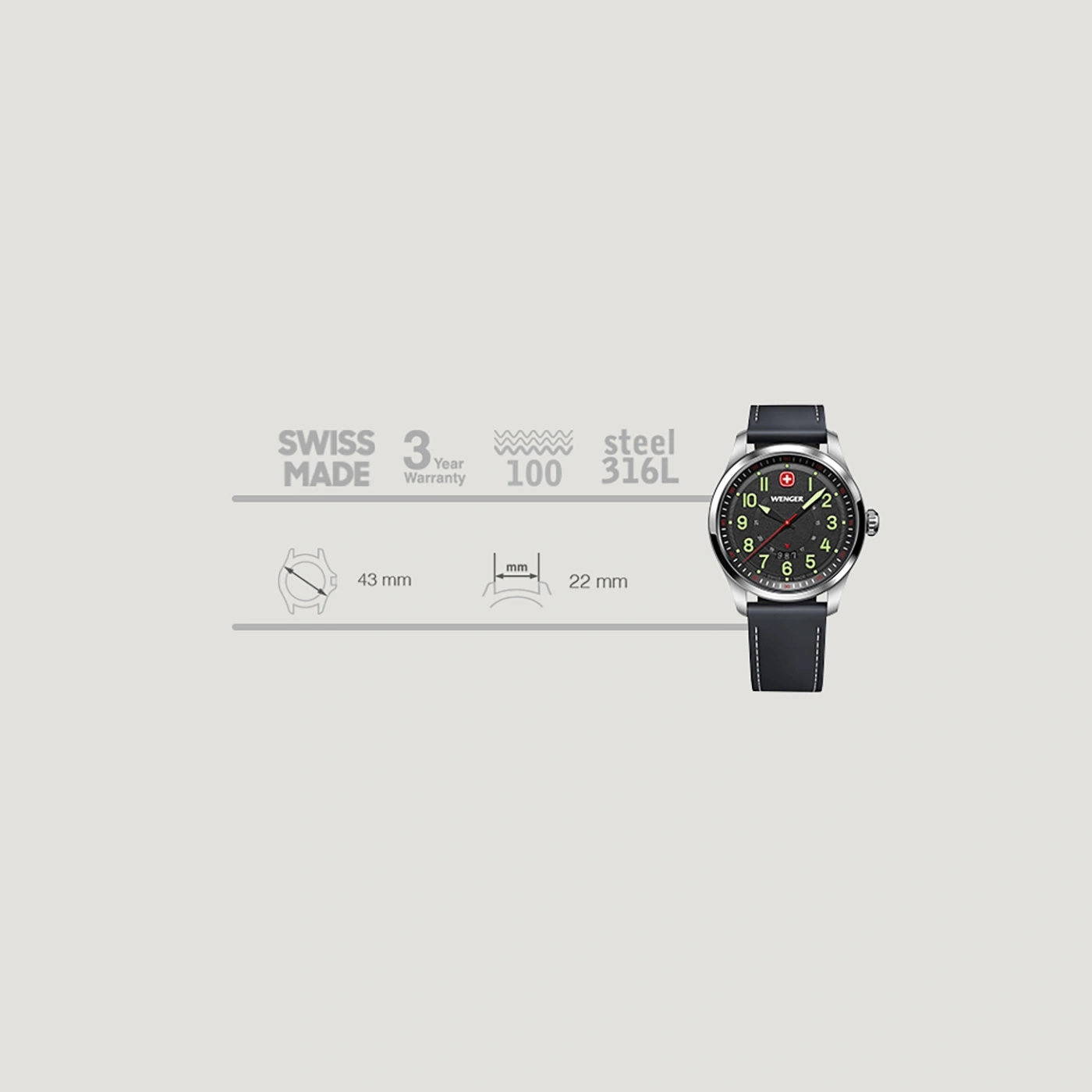 Swiss watch with black dial, steel case, leather strap, 43 mm size, Wenger brand