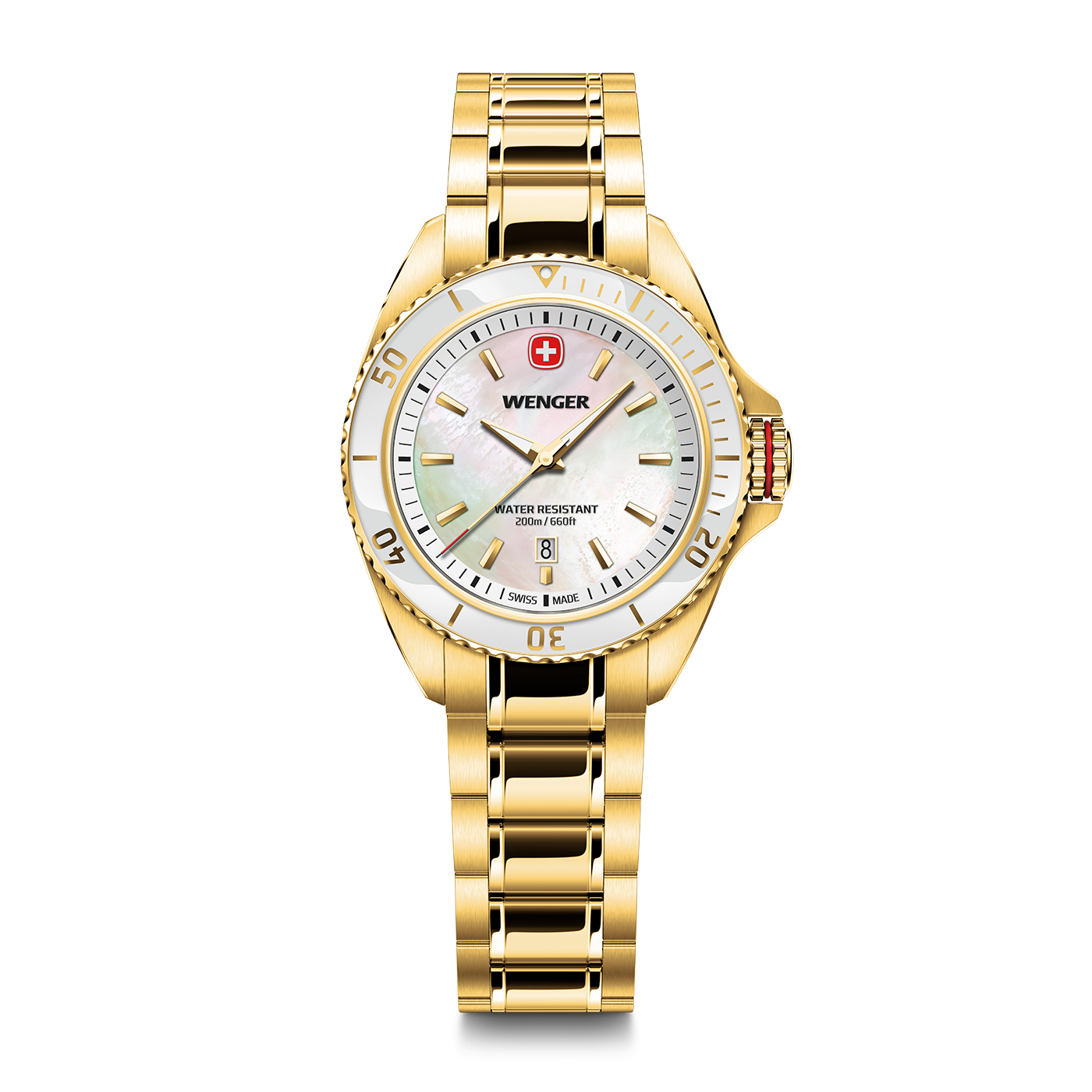 Goldene Wenger-Uhr mit weißem Zifferblatt und Datum, wasserdicht 200m.