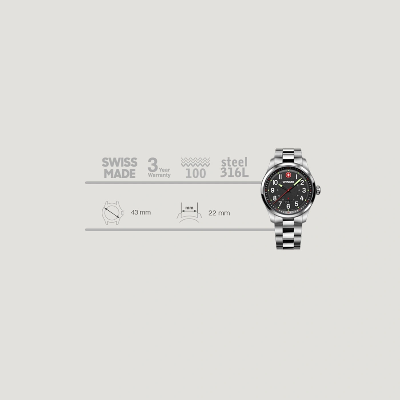 Swiss watch with 3-year warranty, steel, 43mm diameter, 22mm band width, Wenger brand.