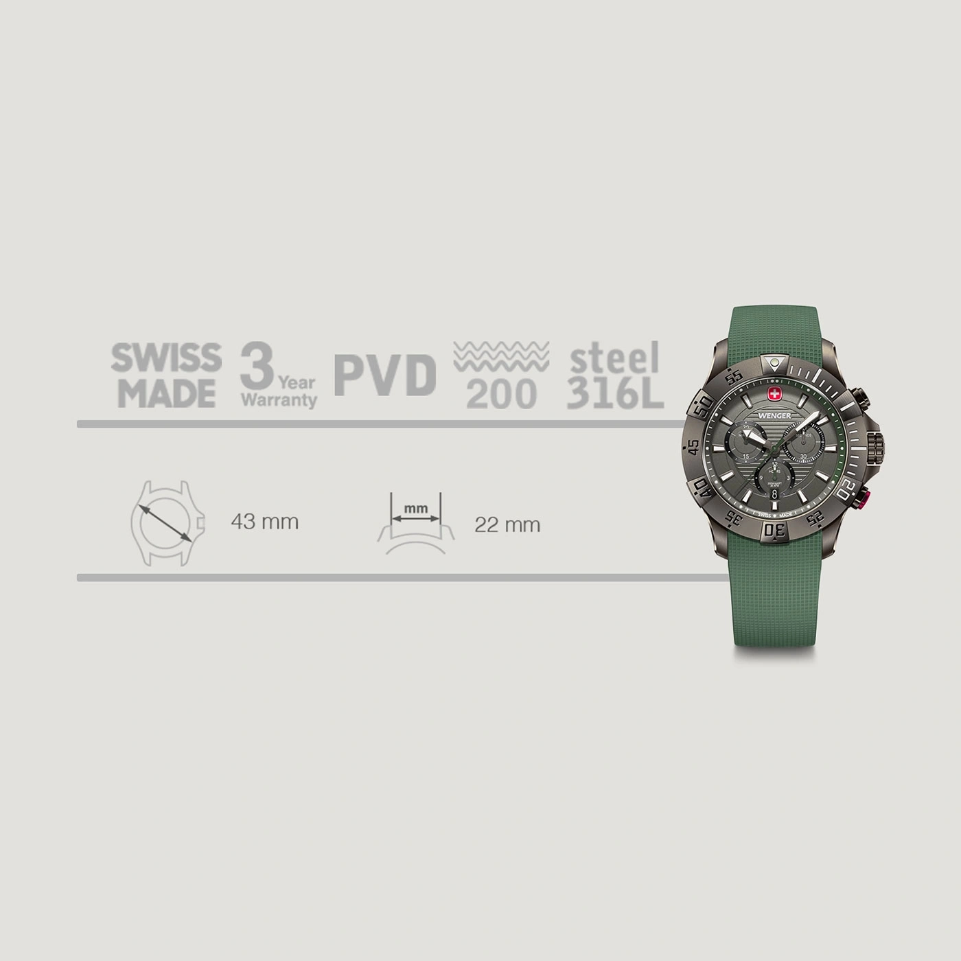 Wenger watch, Swiss Made, 3 year warranty, PVD, steel, 200m, 316L, 43mm case, 22mm strap