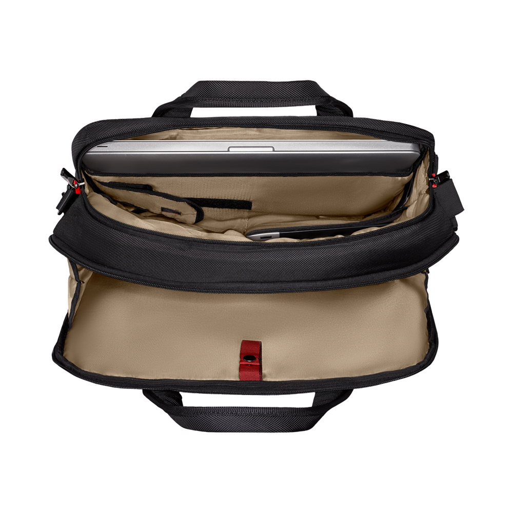 Schwarze Laptoptasche, offen, mit Laptop und Zubehör, Innenansicht, Nahaufnahme