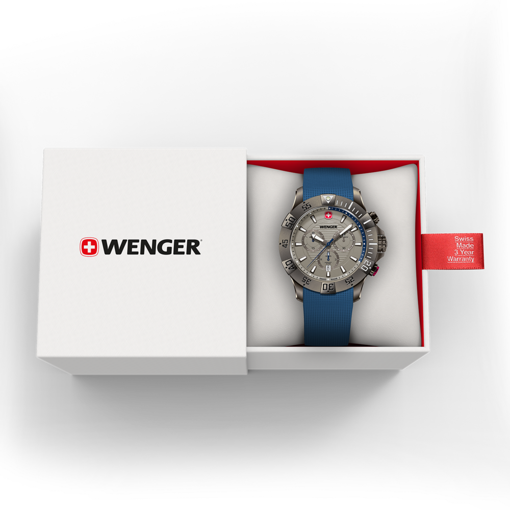 Wenger watch in box with blue strap and warranty tag