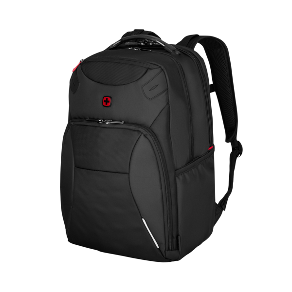 Schwarzer Rucksack mit rotem Akzent und Schweizer Kreuz Logo