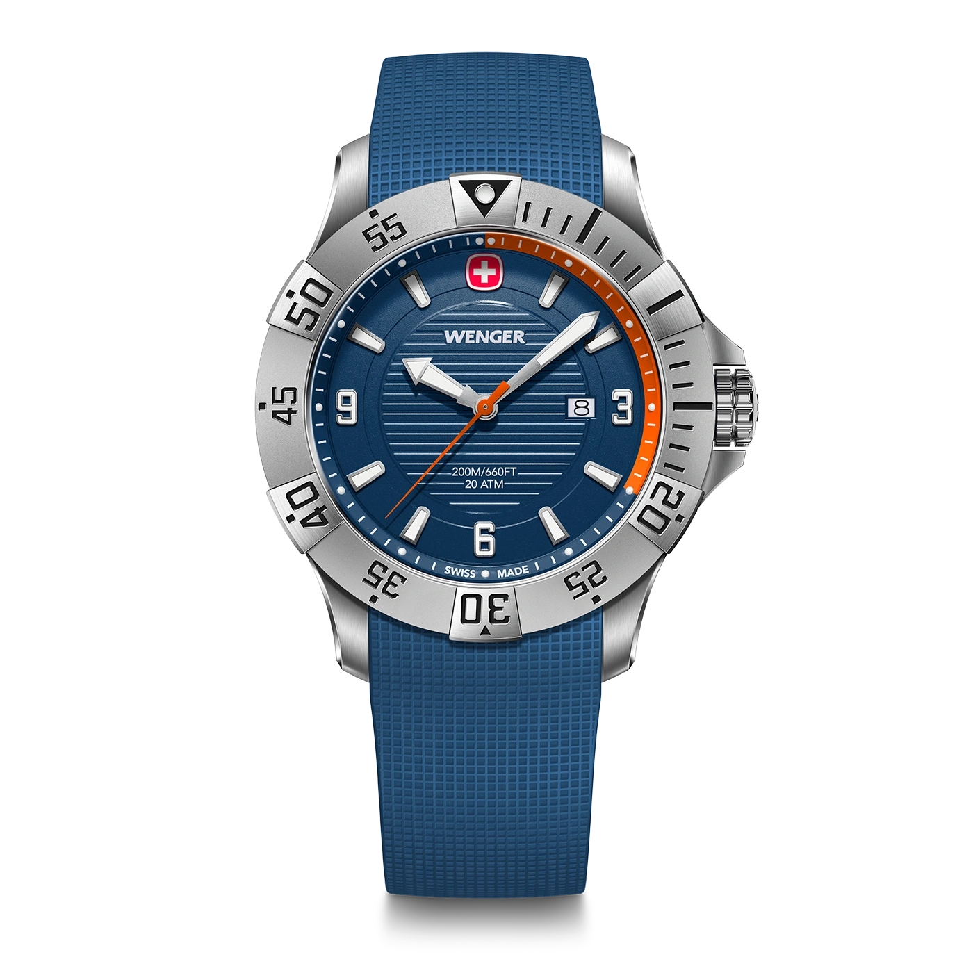 Wenger watch with blue face and strap, silver bezel, Swiss made, 20 ATM.