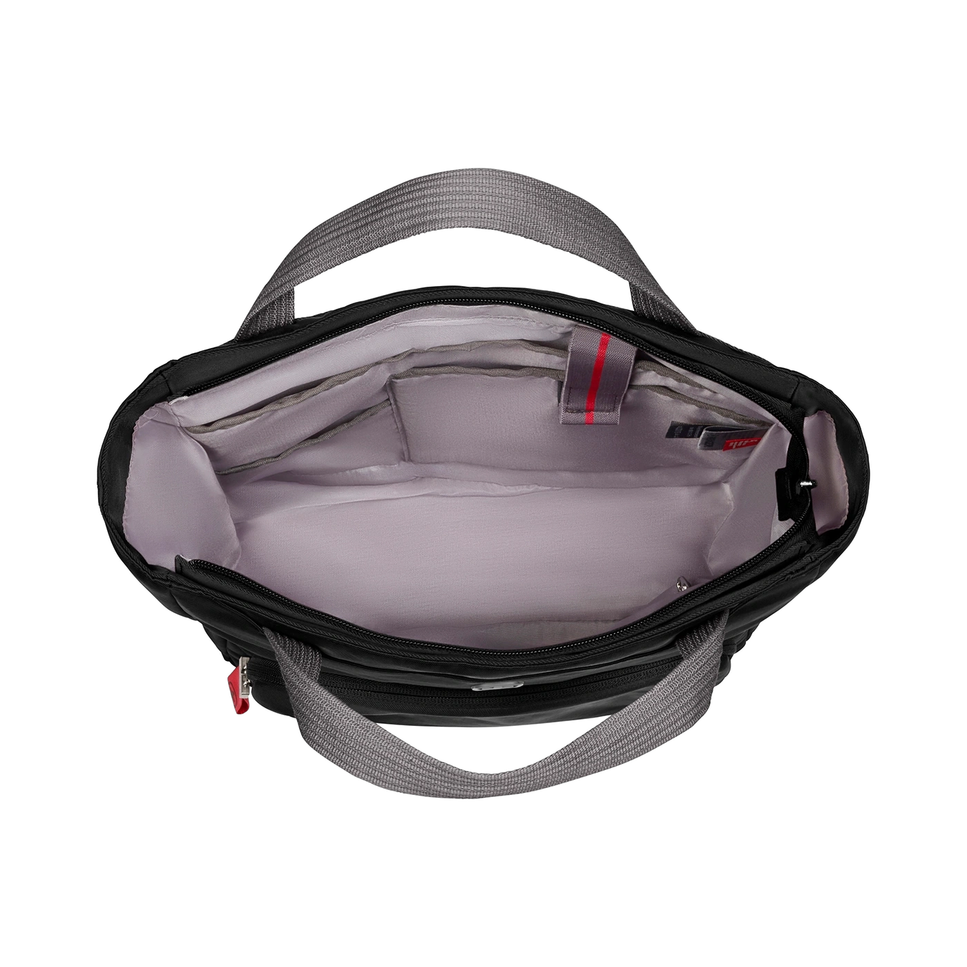 Black handbag with gray handle, inside view, zipper, empty