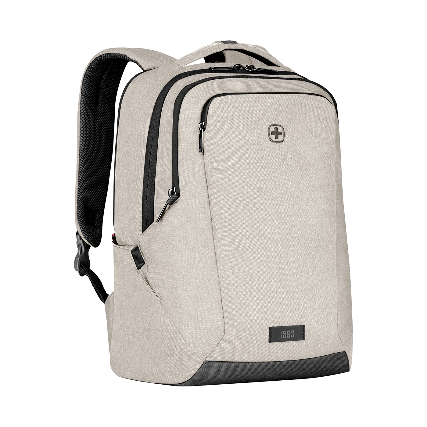 Beige Rucksack mit schwarzem Detail und Reißverschluss, 1893 Logo.