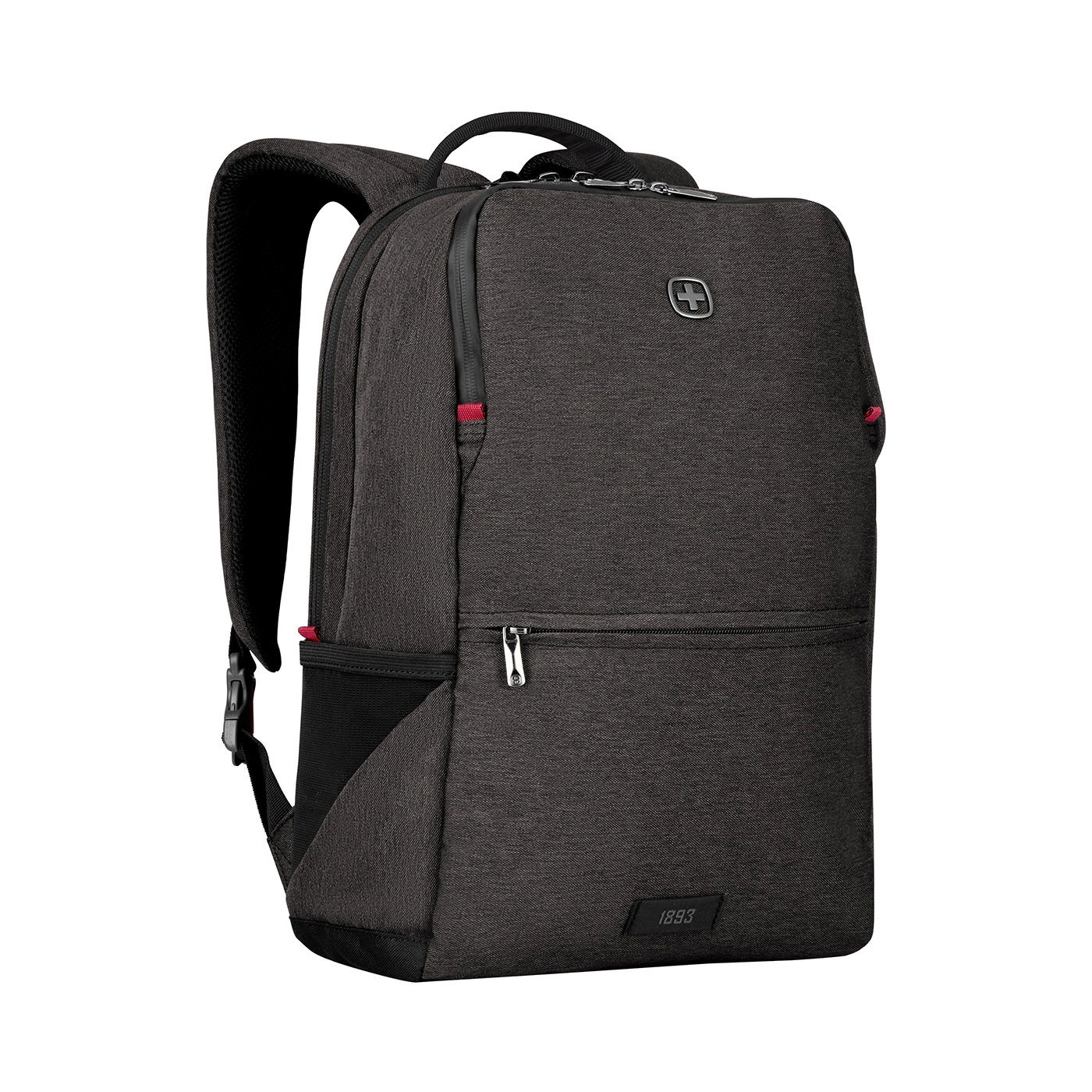 Dunkelgrauer Rucksack mit Reißverschluss und Logo auf schwarzem Hintergrund