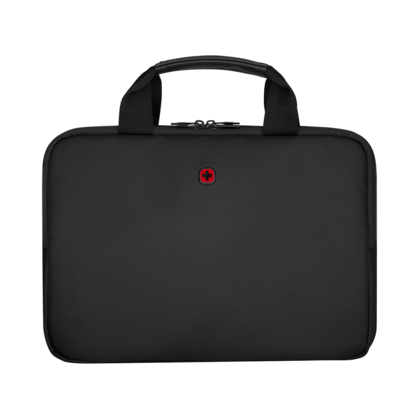 Schwarze Laptoptasche mit rotem Logo und Griff, isoliert auf schwarzem Hintergrund.