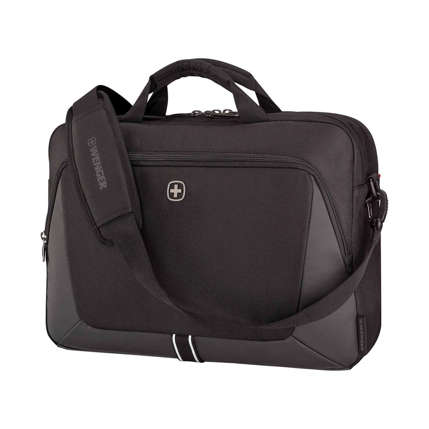 Schwarze Wenger-Laptoptasche mit Schultergurt und Logo, isoliert auf weißem Hintergrund.