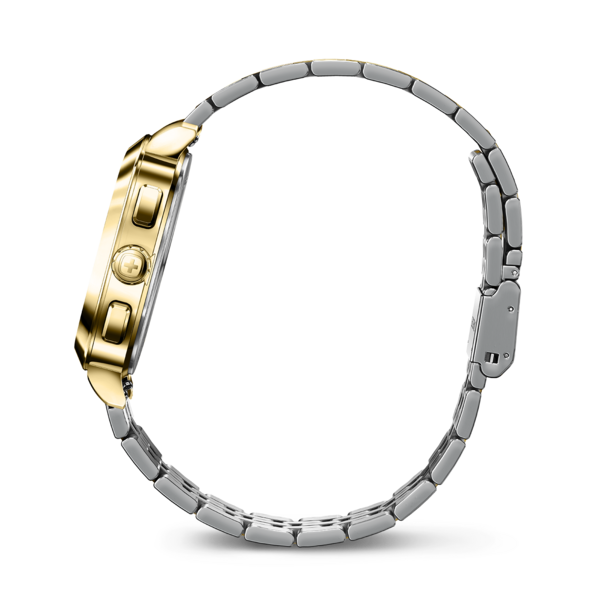 Goldene Uhr mit silbernem Armband, Seitenansicht, Detailaufnahme, elegant