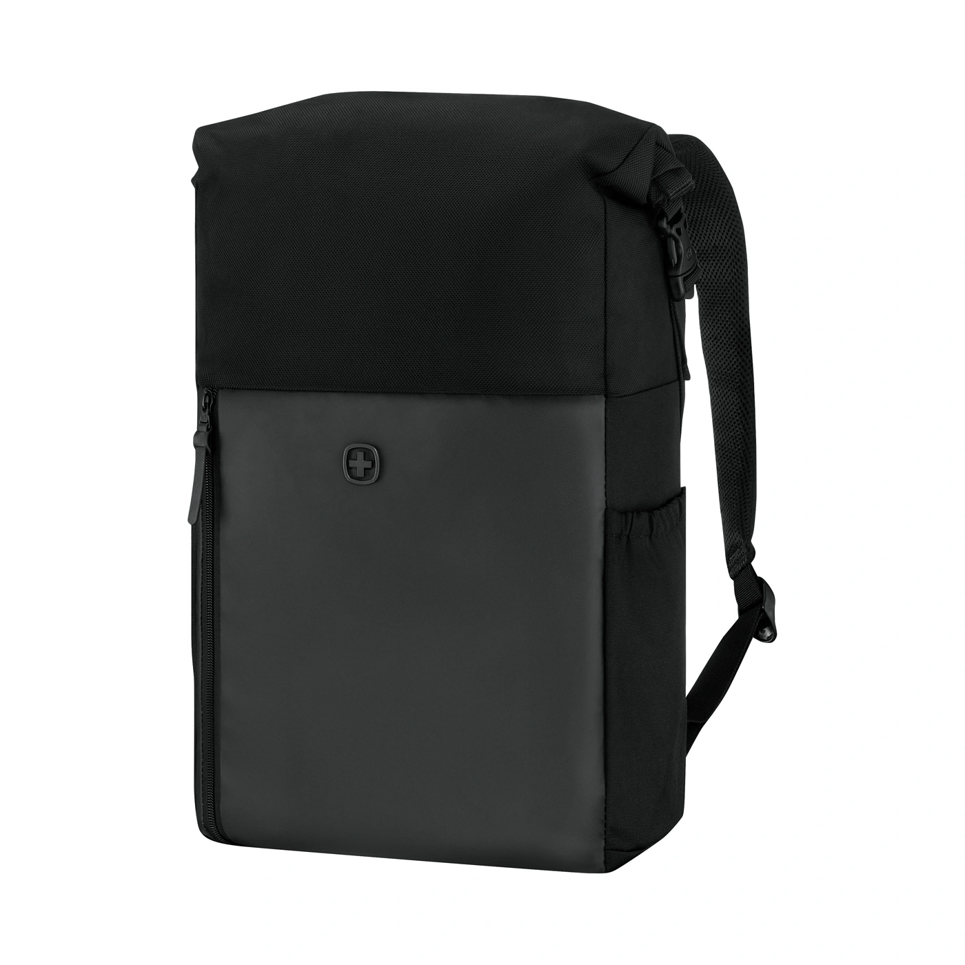Ein schwarzer Rucksack mit Reißverschluss und einer Tasche an der Seite.