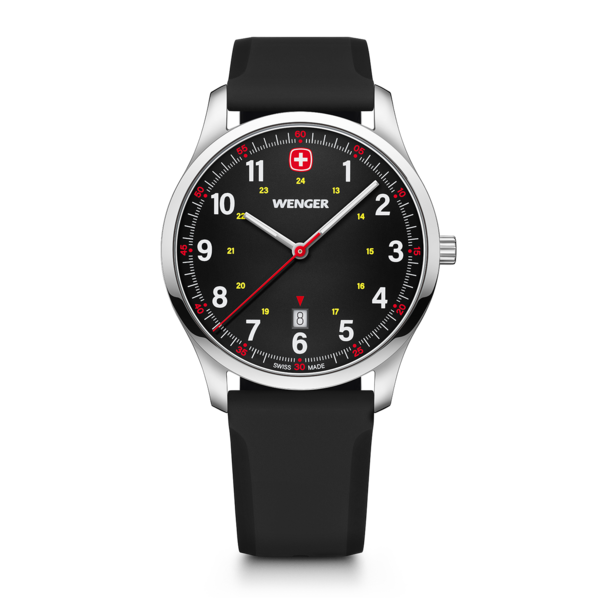 Schwarze Uhr mit silbernem Gehäuse, roter Sekunde und Datumsanzeige.