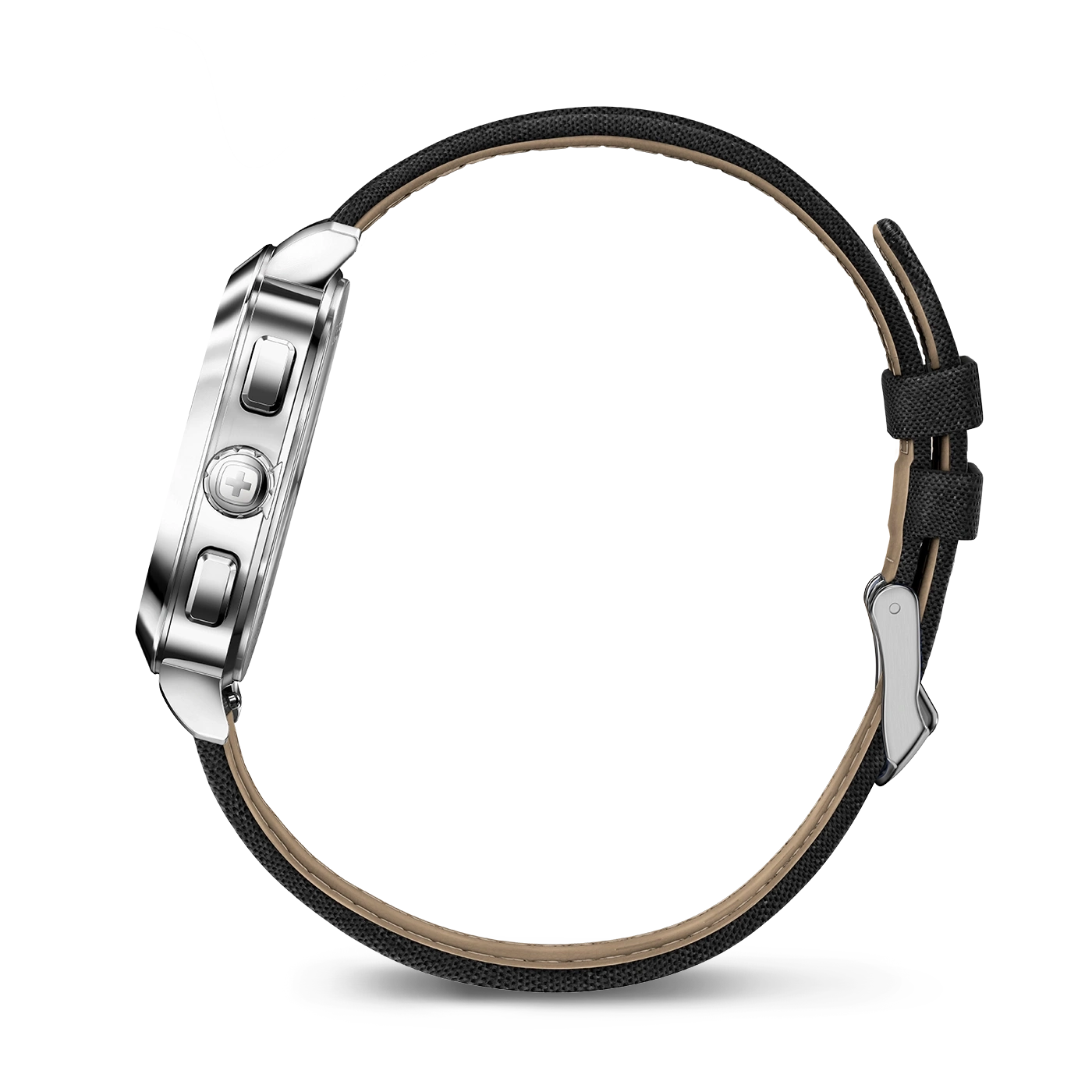 Side view of a watch with a black strap, silver case, close-up shot, detail