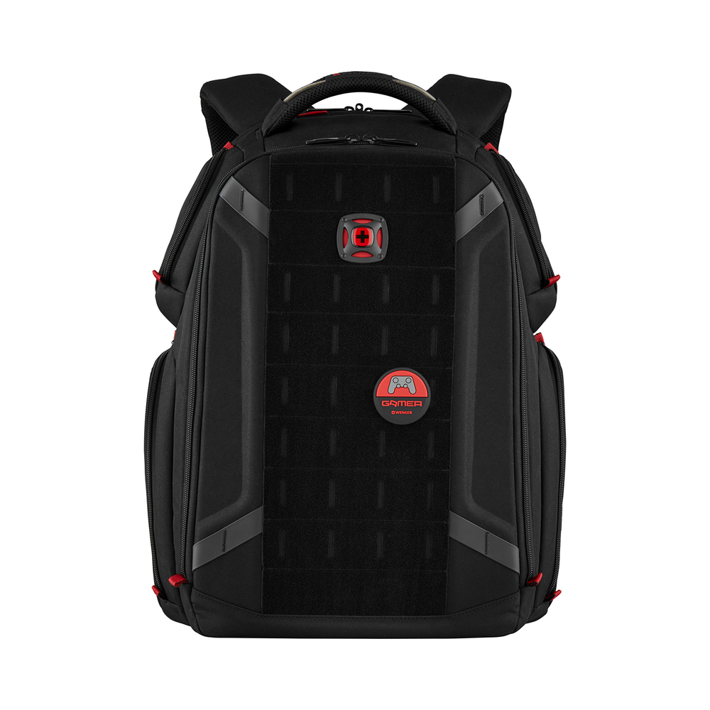 Schwarzer Gaming-Rucksack mit roten Akzenten und Logo-Details.