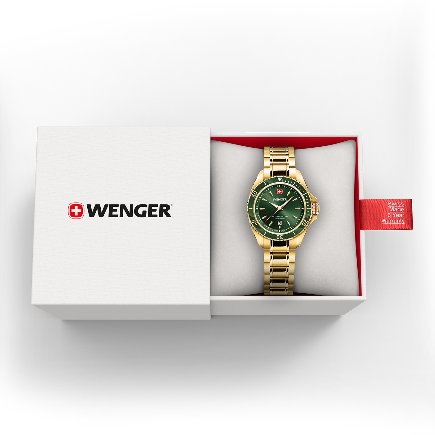 Grüne Wenger-Uhr mit goldenem Armband in einer weißen Geschenkbox mit roten Akzenten.