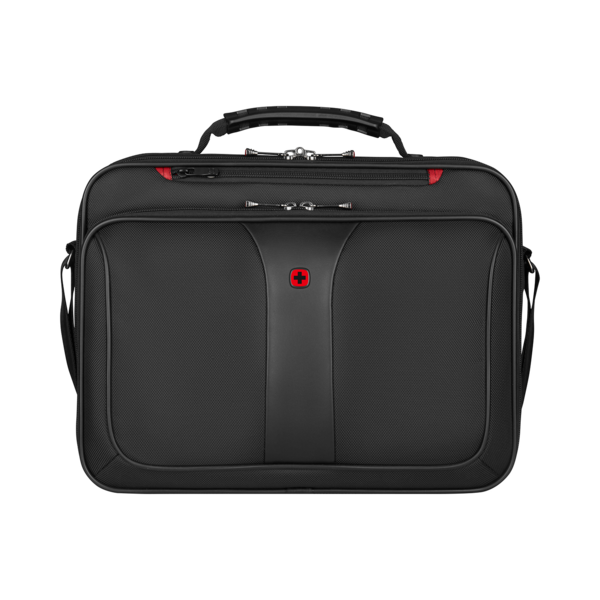 Schwarze Aktentasche mit rotem Kreuz und Reißverschlüssen, Griff