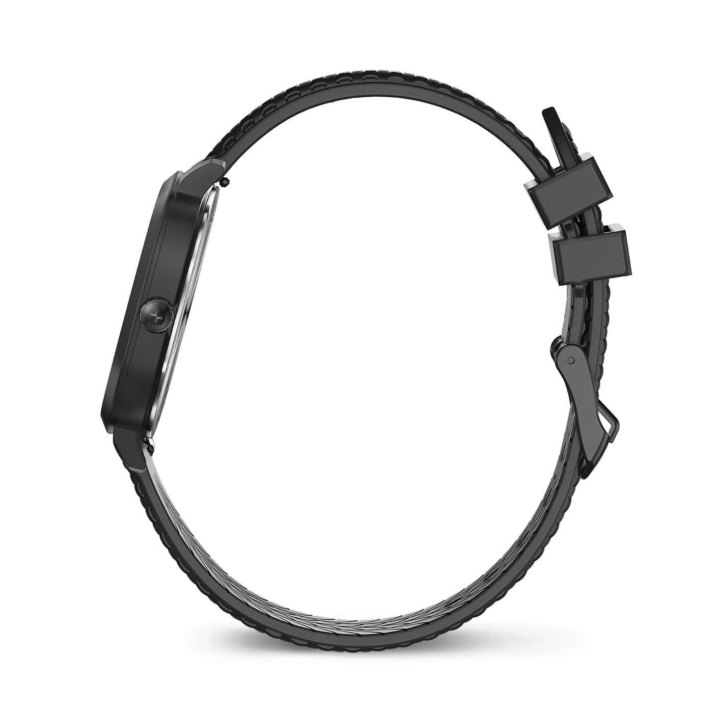 Schwarze Uhr mit schwarzem Armband, Seitenansicht, Detailaufnahme, modernes Design