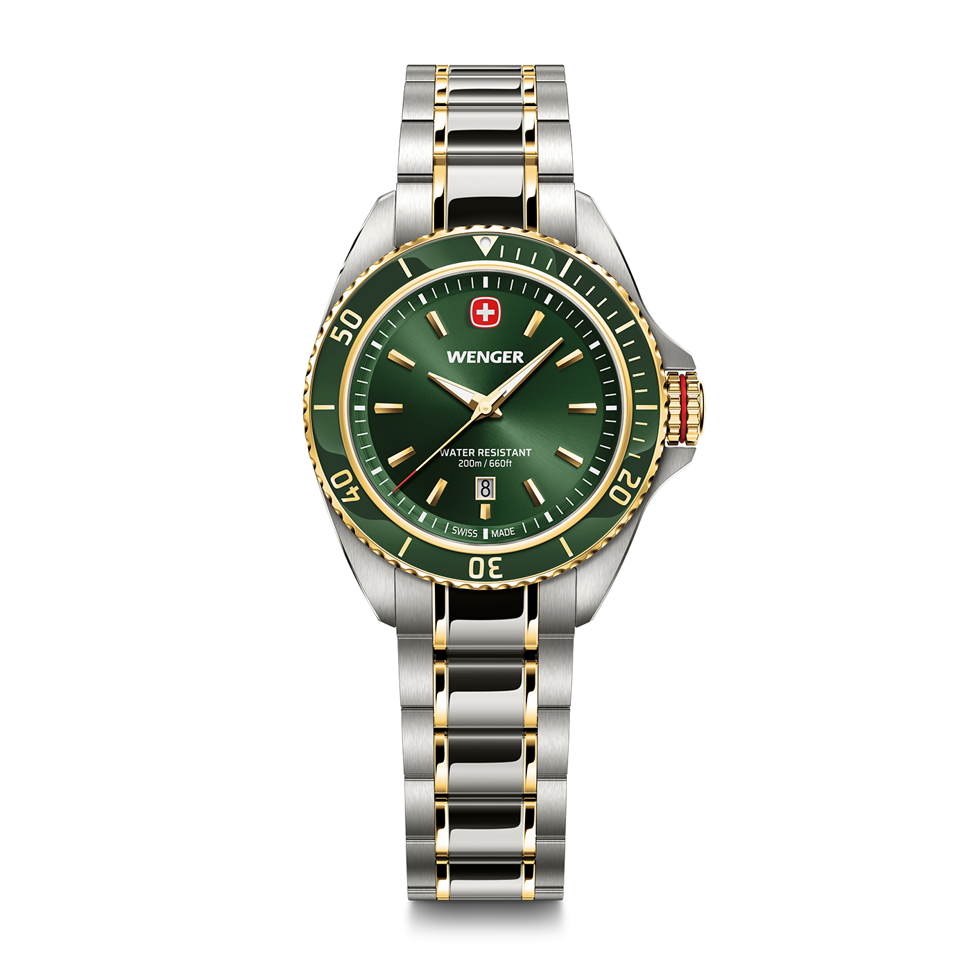 Montre Wenger avec cadran vert, détails dorés, résistance à l'eau.