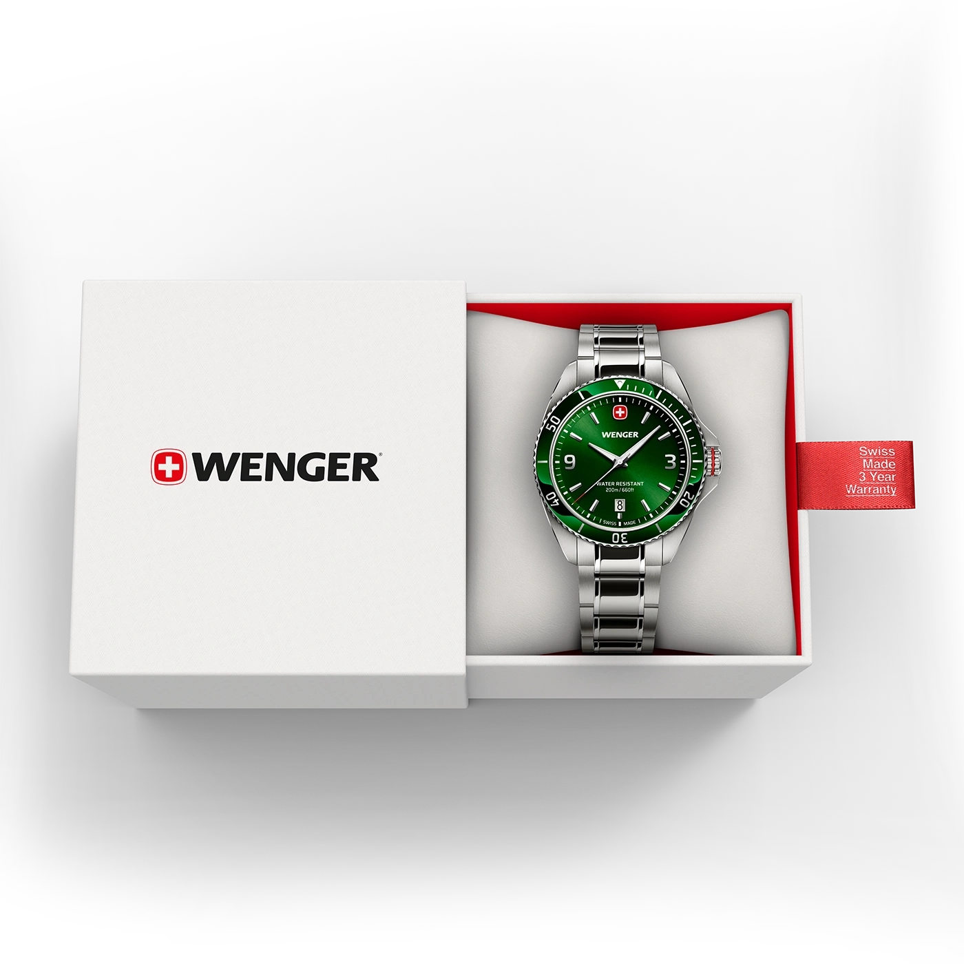 Wenger watch in box with warranty. Swiss made watch with green face.
