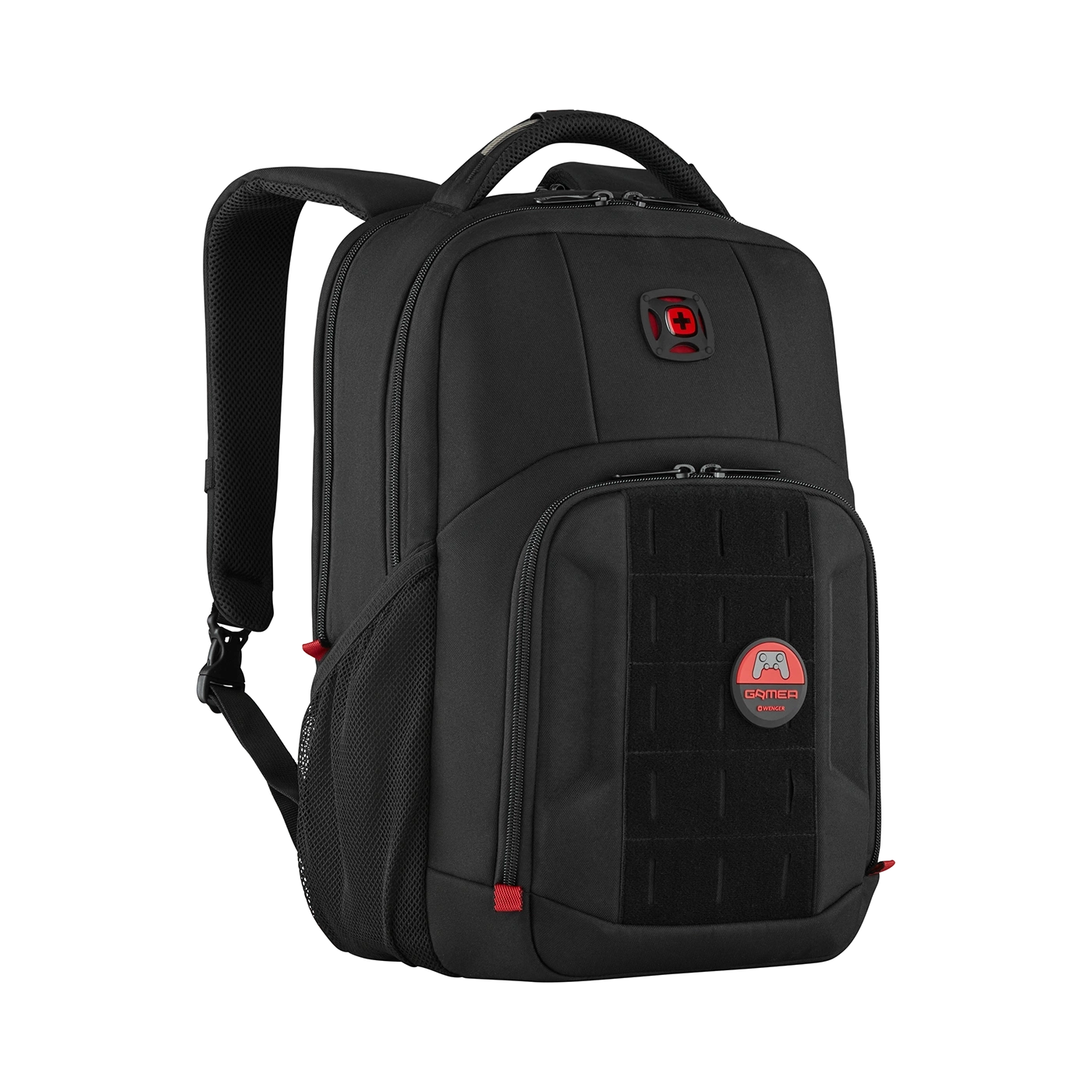 Schwarzer Rucksack mit rotem Akzent und Gamer-Logo, perfekt für Spiele-Enthusiasten.