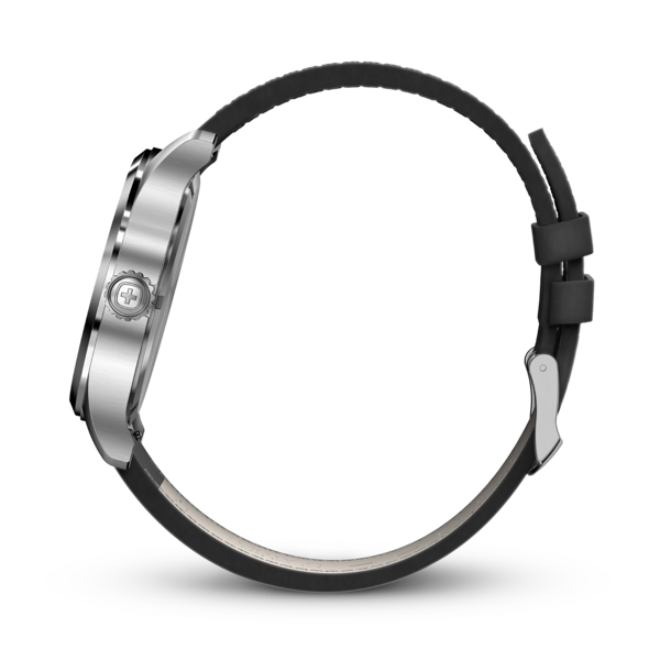 Uhr mit schwarzem Lederarmband, Seitenansicht, isoliert auf Schwarz