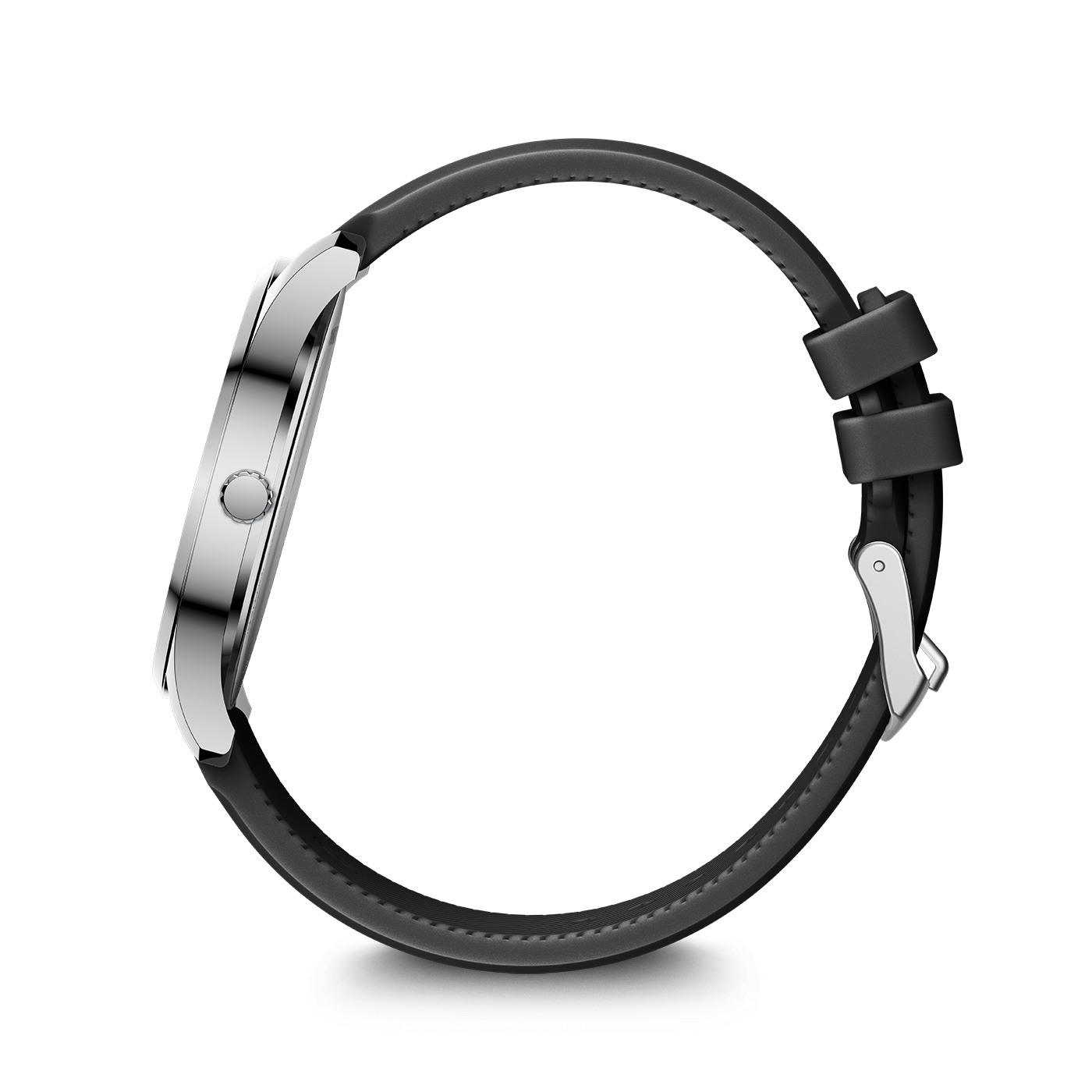 Eine Armbanduhr mit einem silbernen Gehäuse und einem schwarzen Lederarmband, das auf einem weißen Hintergrund mit Schatten liegt.