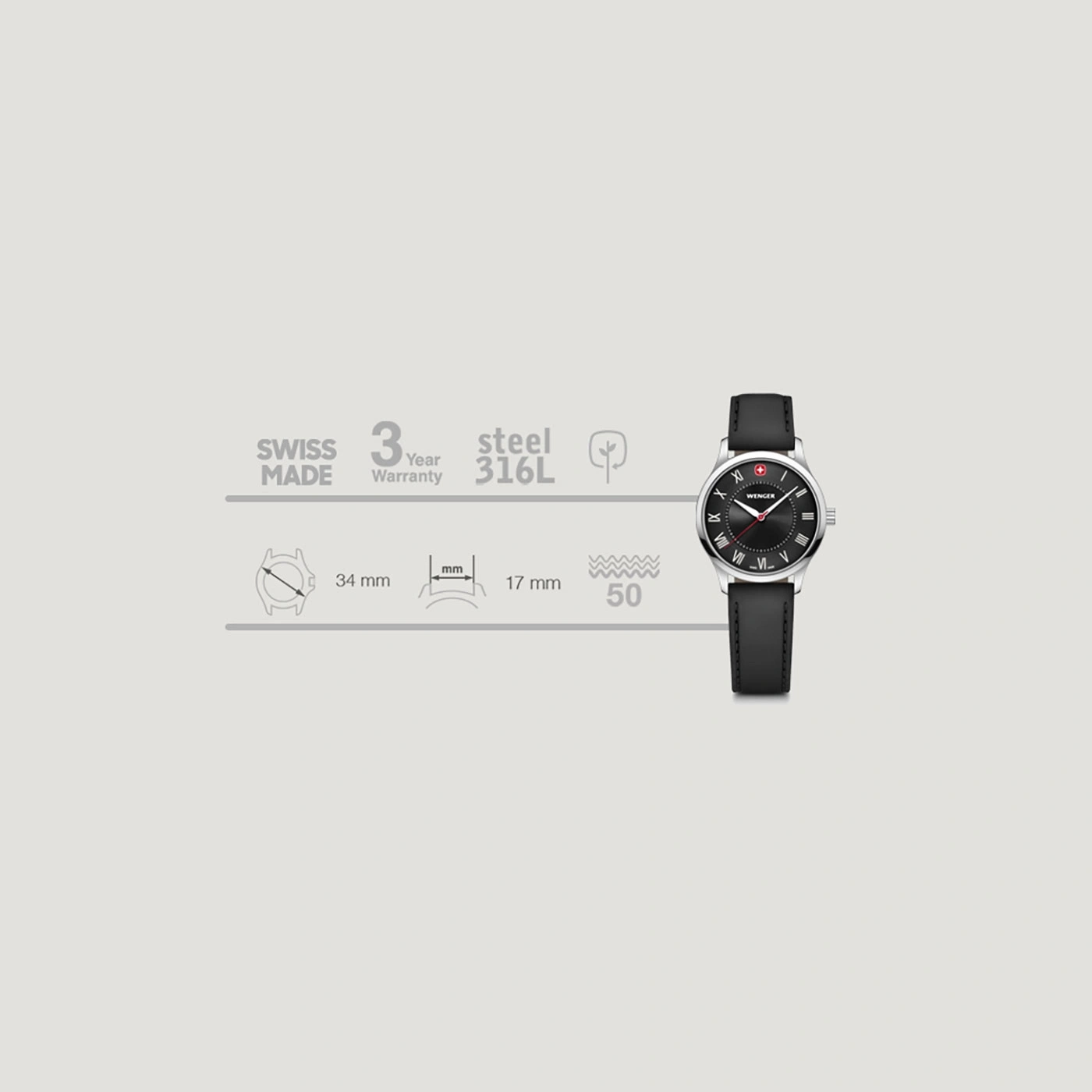Wenger Uhr, schwarz, 34mm, 3 Jahre Garantie, Stahl 316L, Swiss Made, 50m wasserdicht