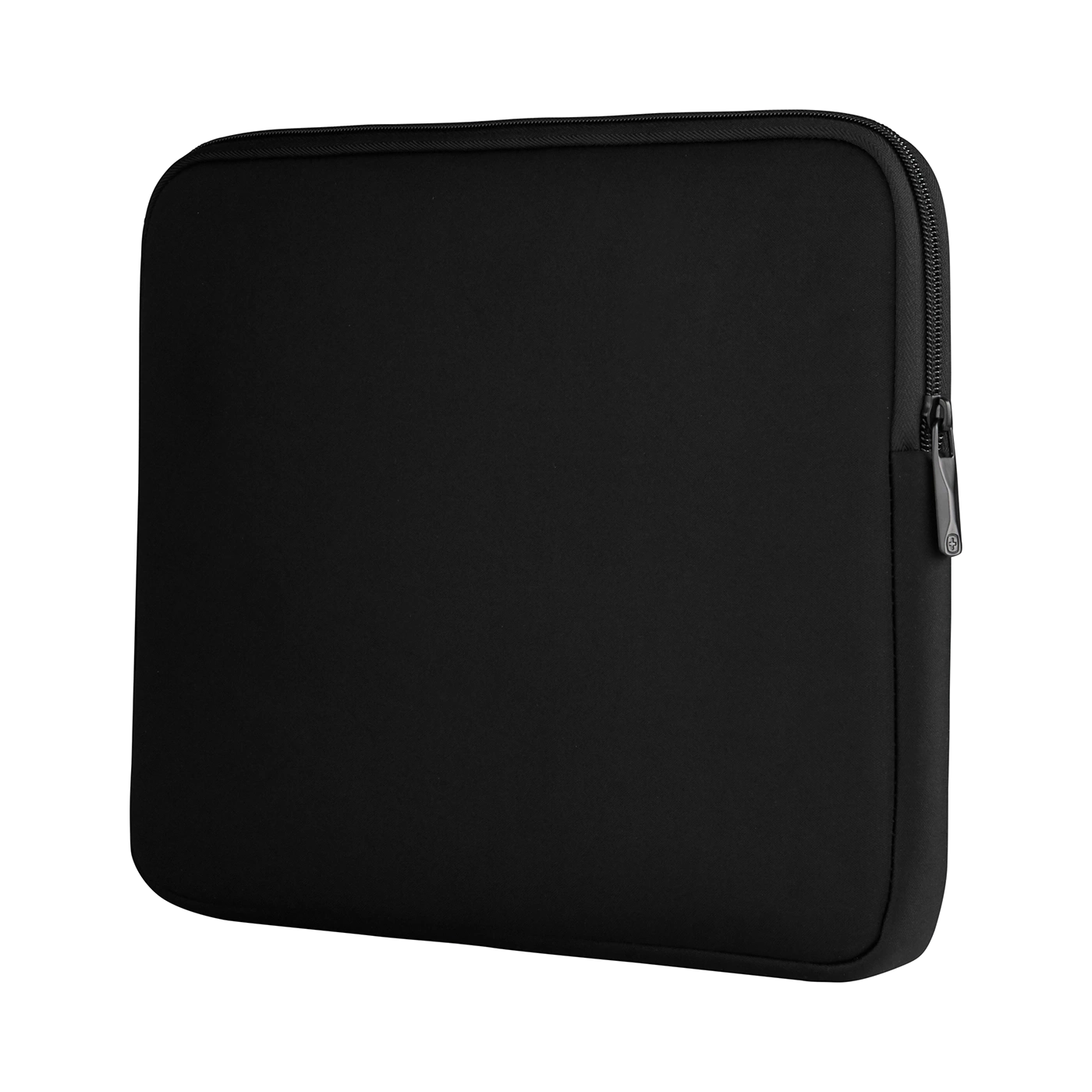 Black laptop sleeve with zipper isolated on black background, close up