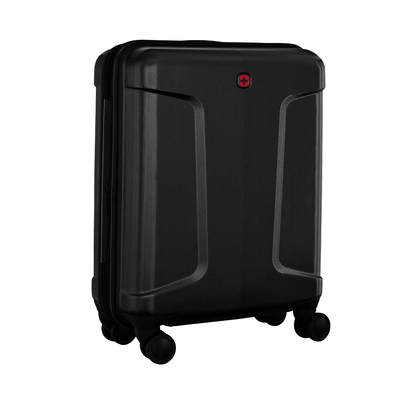 Schwarzer Koffer mit Rollen und rotem Logo, Reisegepäck