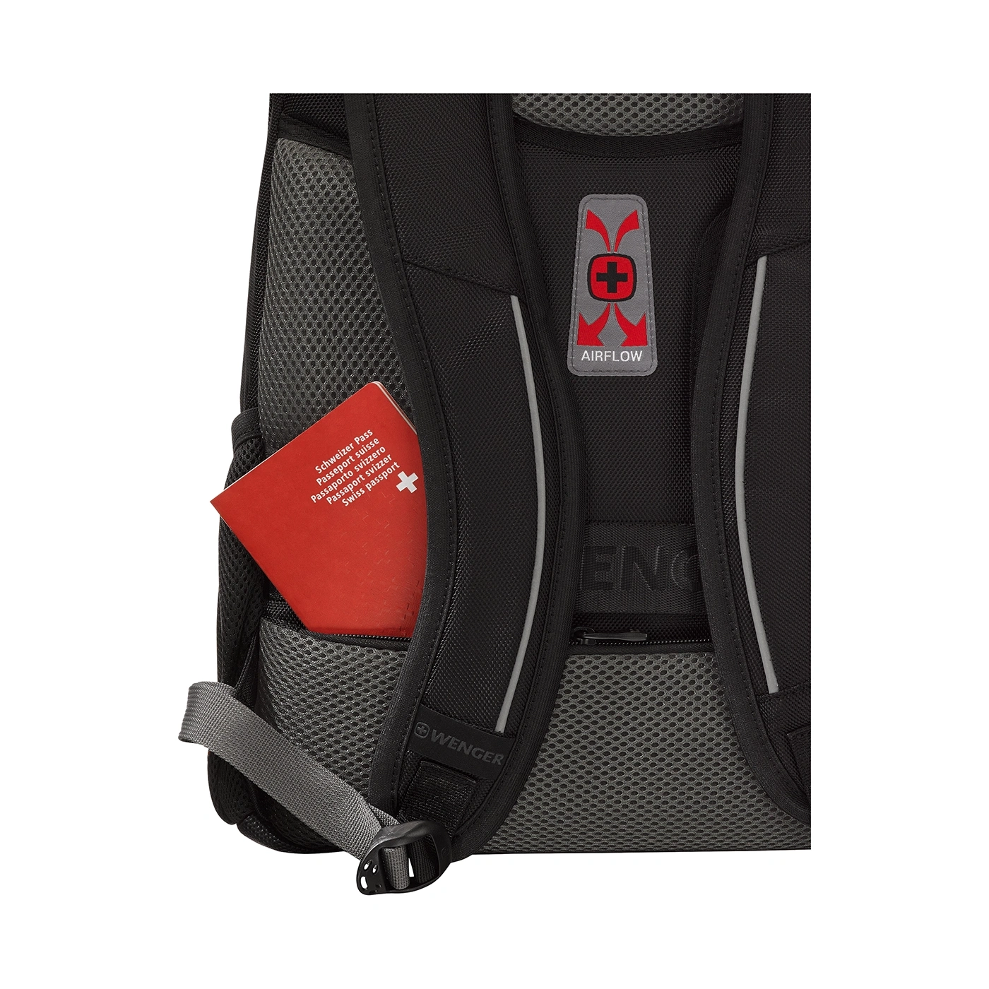 Schwarzer Rucksack mit Schweizer Pass und Airflow-Funktion von Wenger.