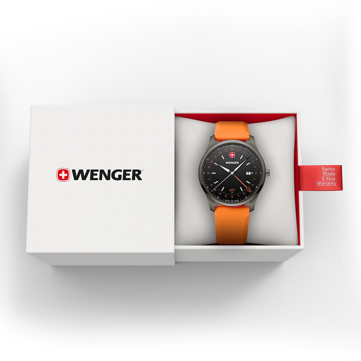 Ein Wenger-Armbanduhr in orangefarbener Verpackung mit Garantieanhänger.